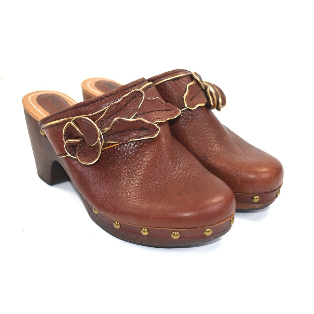 Fossil Brown Leather Wooden Clogs Mules with Flower Accent Size 7.5 M